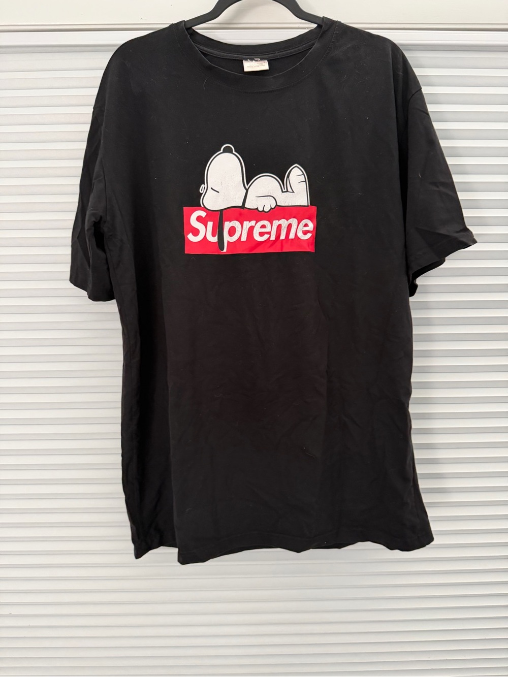 Supreme Black Tee with Red Box Logo & Snoopy Graphic